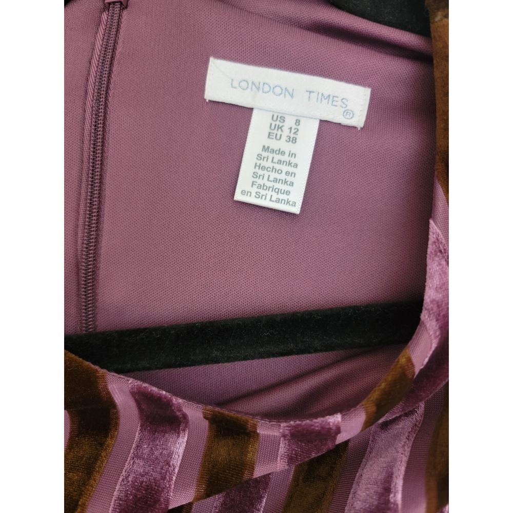London Times Velvet Dress Women 8 Purple Brown Burnout Striped Retro Chic Y2K - Picture 3 of 9
